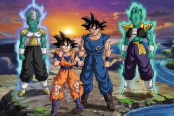 Two Goku forms with alien characters, sunset backdrop.