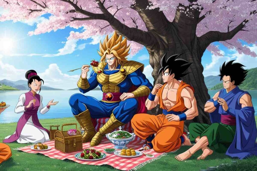 Four Dragon Ball characters picnicking under cherry blossoms.