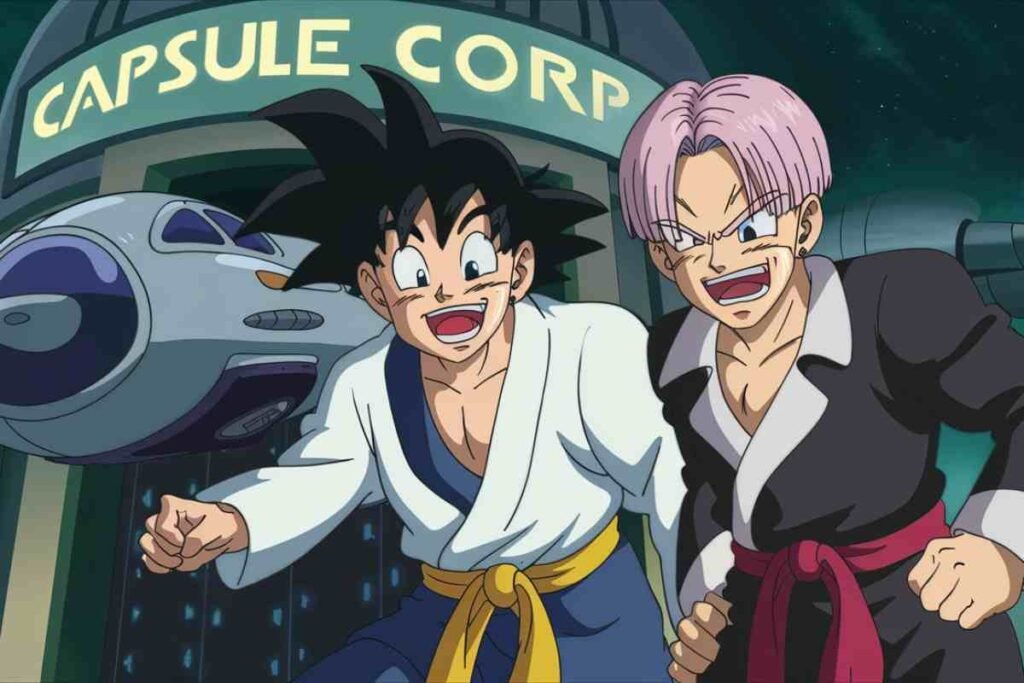 Goku and Trunks at Capsule Corp entrance, Dragon Ball scene.