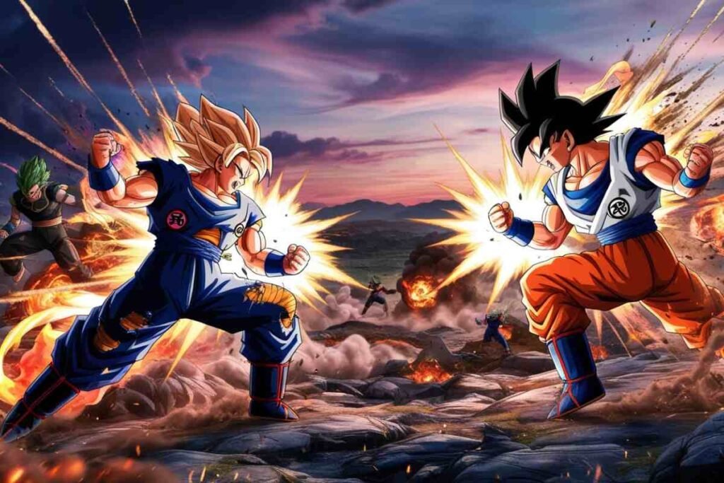wo Goku forms clash in intense battle, Dragon Ball scene.