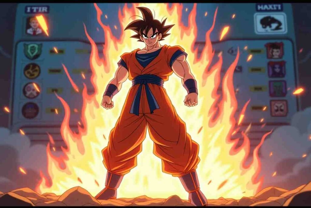 Fiery anime warrior powering up with intense energy in battle stance.