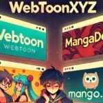 A person reading on a tablet with screens showing Webtoon, MangaDex, and Mango.to as the best alternatives to WebtoonXYZ.