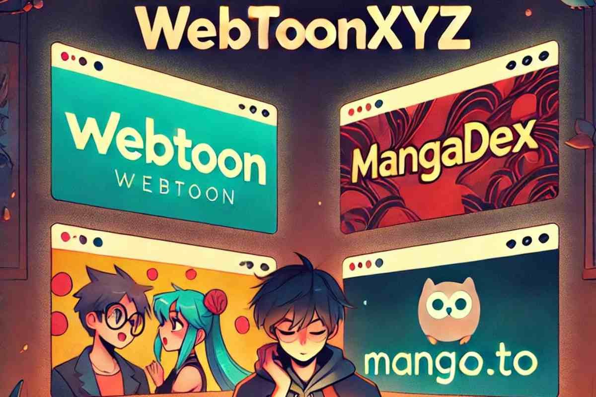 A person reading on a tablet with screens showing Webtoon, MangaDex, and Mango.to as the best alternatives to WebtoonXYZ.
