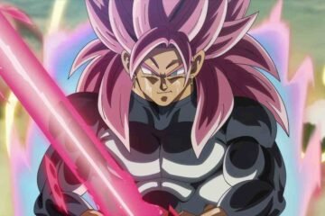 Goku Black with pink hair, holding a pink energy blade.