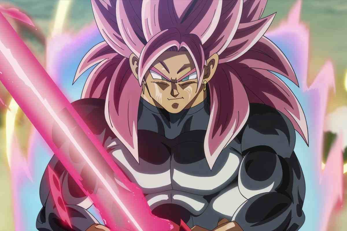 Goku Black with pink hair, holding a pink energy blade.