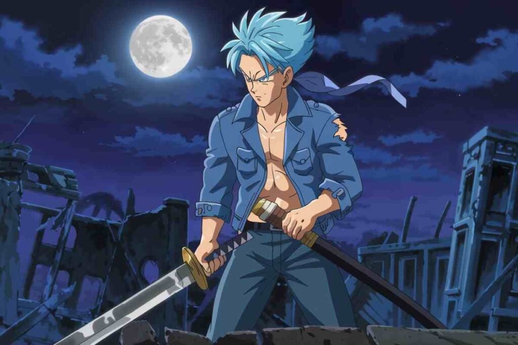 Trunks with sword in destroyed city of Dragon Ball Sparking Zero Crossplay, full moon.
