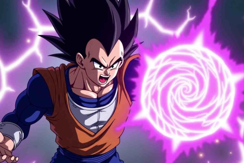 Vegeta shouts, charging a swirling purple energy attack in Dragon Ball sparking zero crossplay.