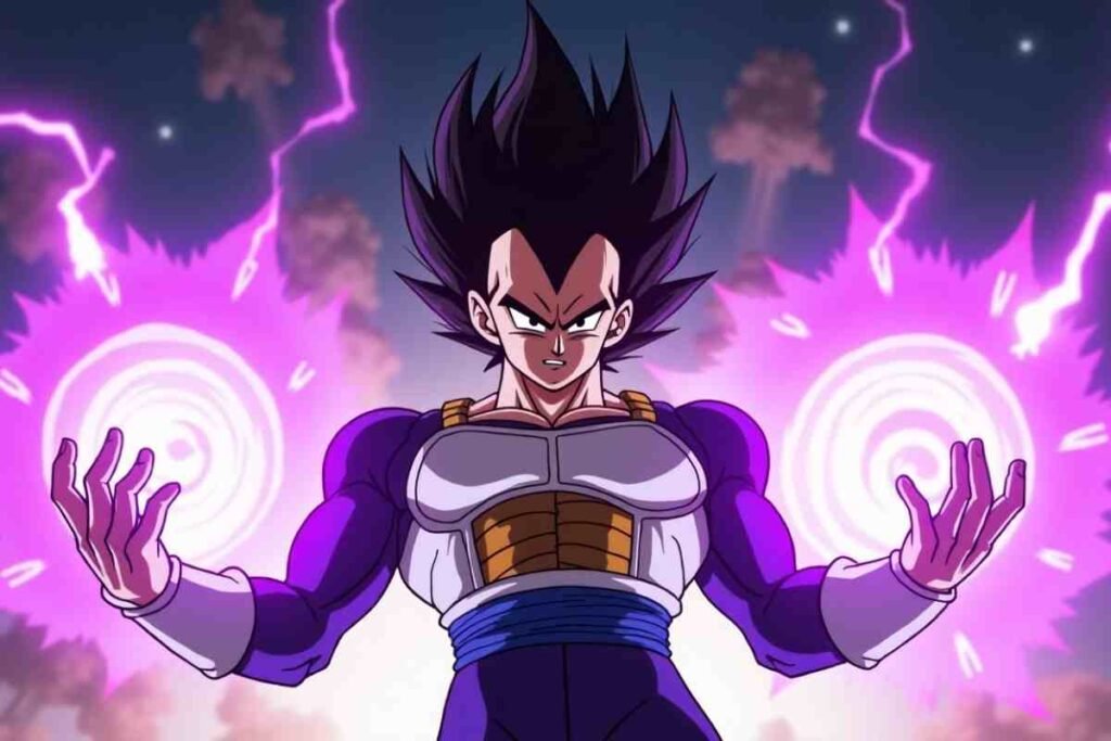 Vegeta charges purple energy, Dragon Ball sparking zero crossplay scenes.