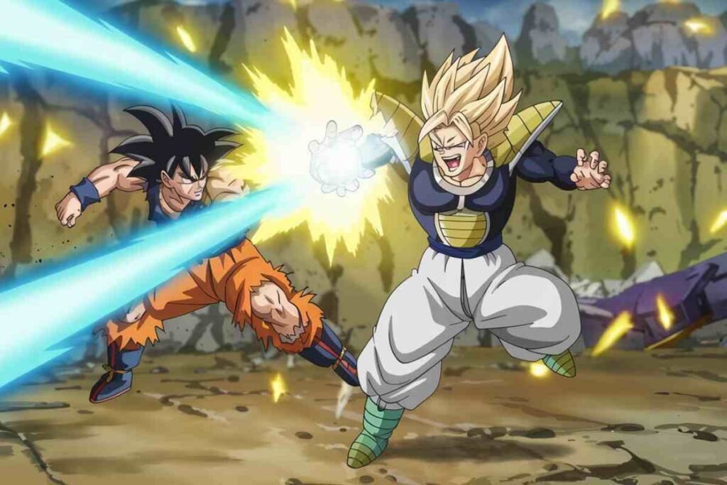 Goku and blonde fighter clash with energy blasts.
