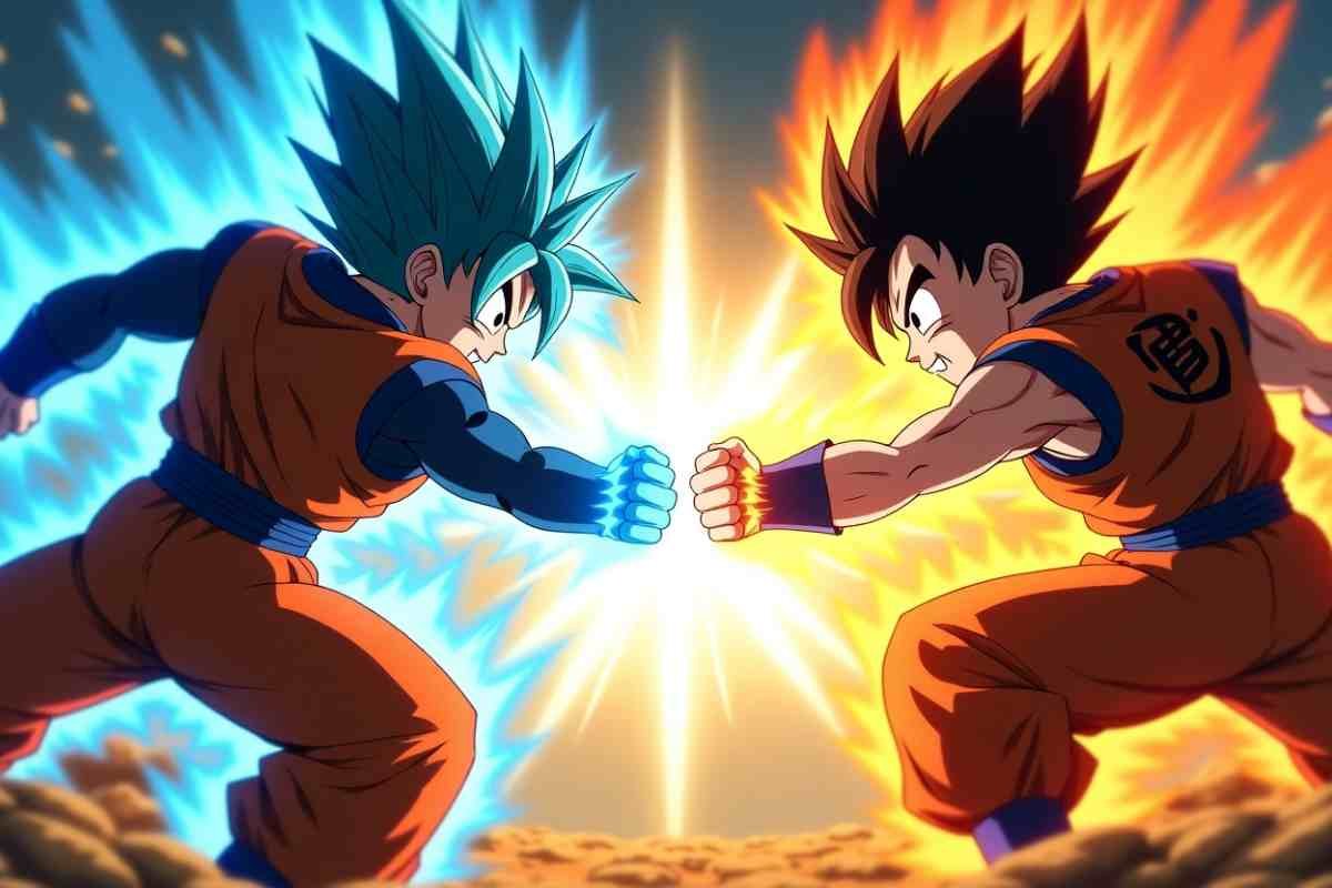Two Goku forms clash with blue and orange energy.