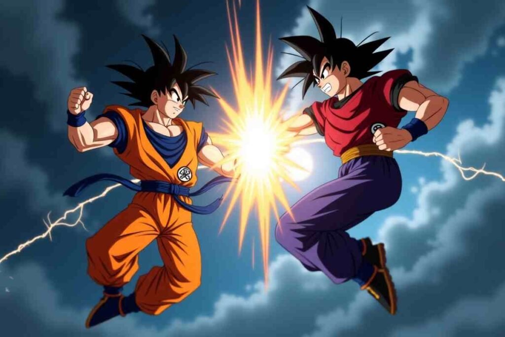 Goku vs. Gohan, energy explosion, intense battle scene.