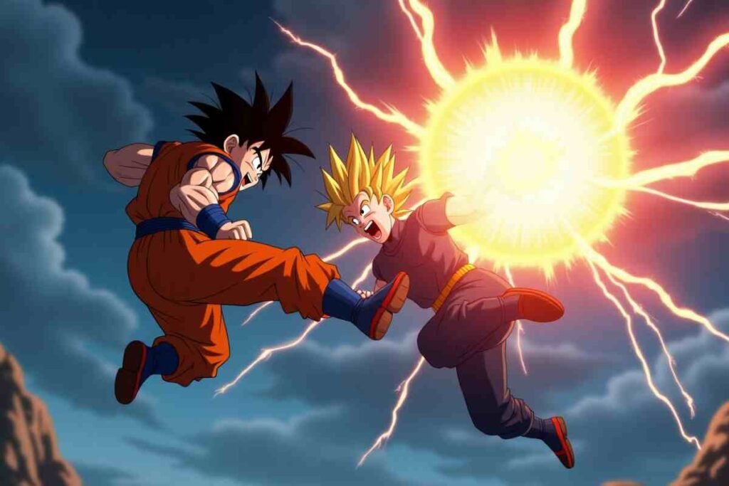 Goku kicks Gohan, energy sphere clash, Dragon Ball fight.