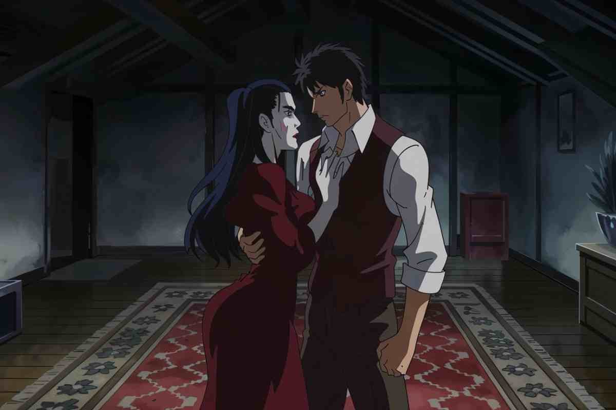 Dark-themed anime couple in an intense moment in a dimly lit attic.