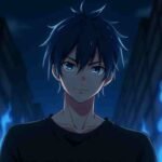 Mysterious anime boy with blue flames in a dark cityscape at night.
