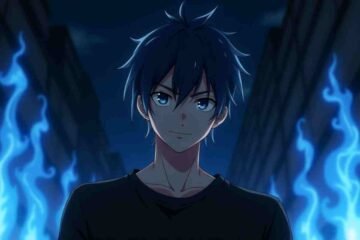 Mysterious anime boy with blue flames in a dark cityscape at night.