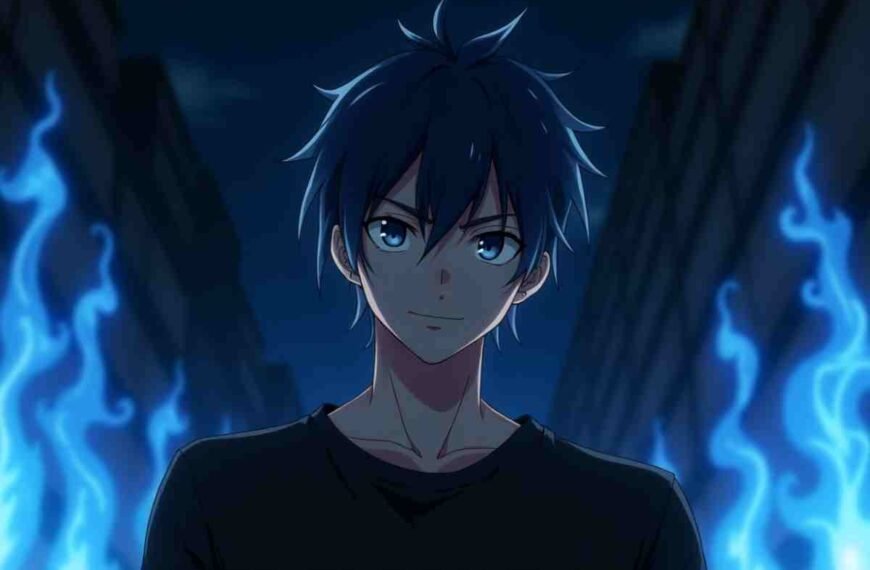 Mysterious anime boy with blue flames in a dark cityscape at night.