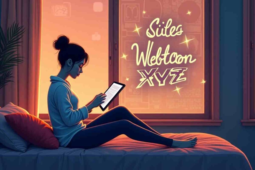 A girl sitting on her bed reading webtoons on a tablet, with "Süles Webtoon XYZ" glowing on the window.