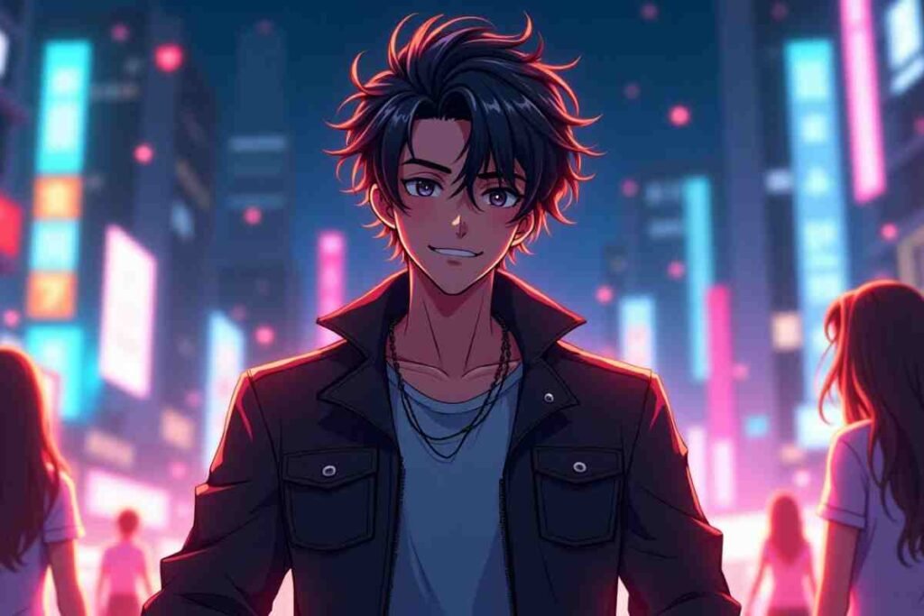 Stylish anime boy in a black jacket with neon city lights at night.