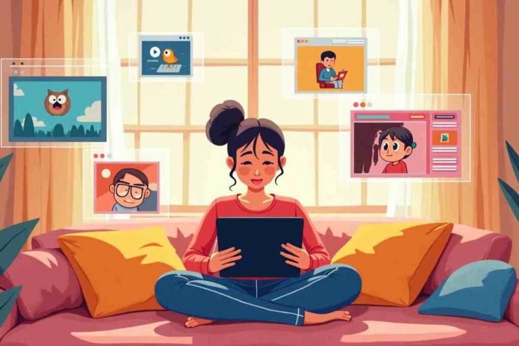 A girl sits comfortably on a couch reading webtoons on a tablet, with floating cartoon screens around her.
