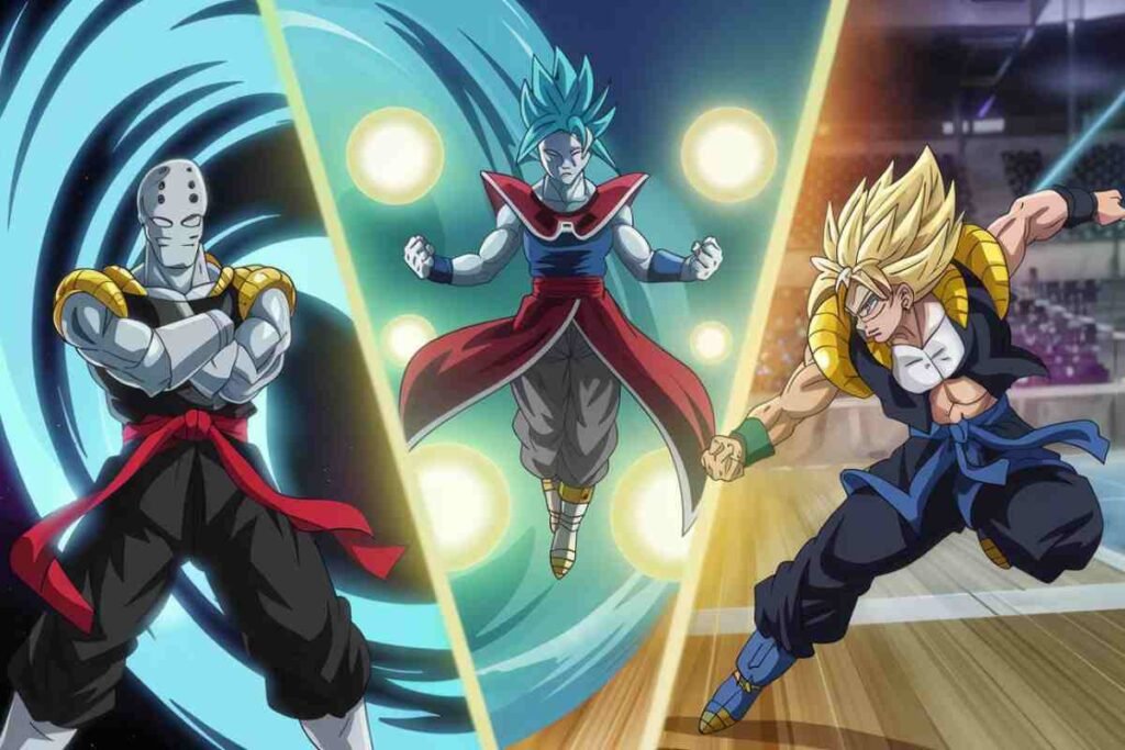 Three powerful anime warriors in a split-screen battle stance.