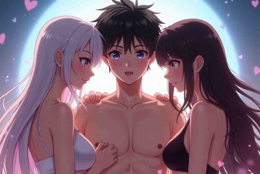 Anime boy with two girls in a romantic scene under a glowing moonlight.