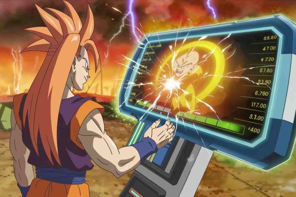 Anime warrior analyzing power levels on a shattered digital screen.