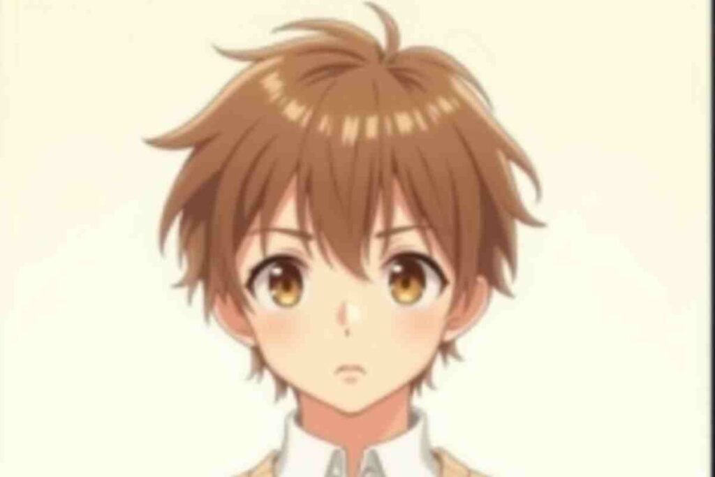 Anime boy with brown hair and golden eyes looking serious and focused.