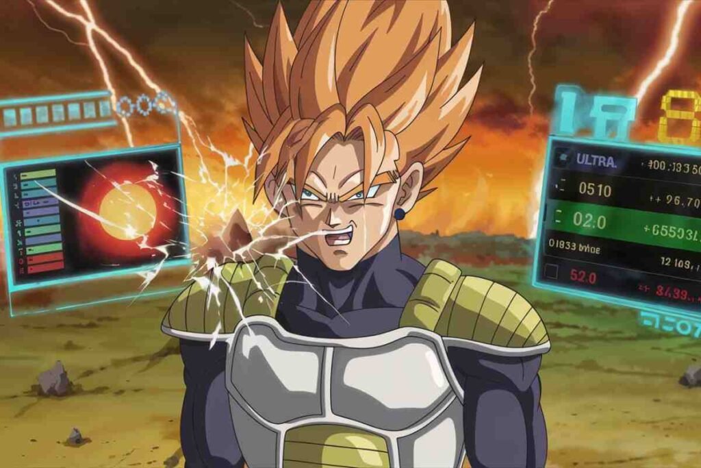 Intense anime warrior with broken scouter in a fiery battlefield.