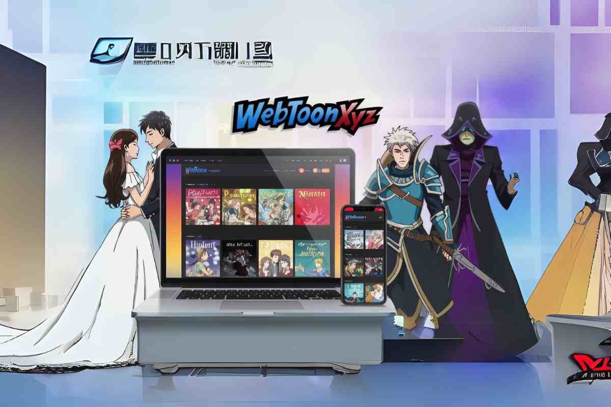 Webtoonxyz website displayed on laptop and mobile with anime characters around.