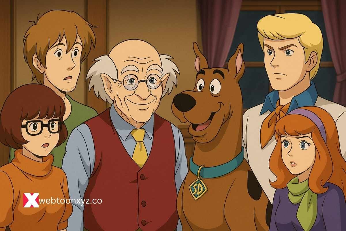 Scooby Doo gang with elderly man, Wallace smiling indoors