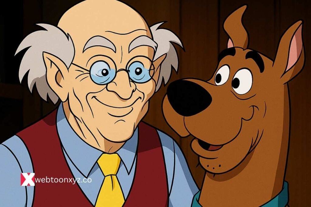 Scooby Doo and smiling elderly man, Wallace in glasses from cartoon scene.
