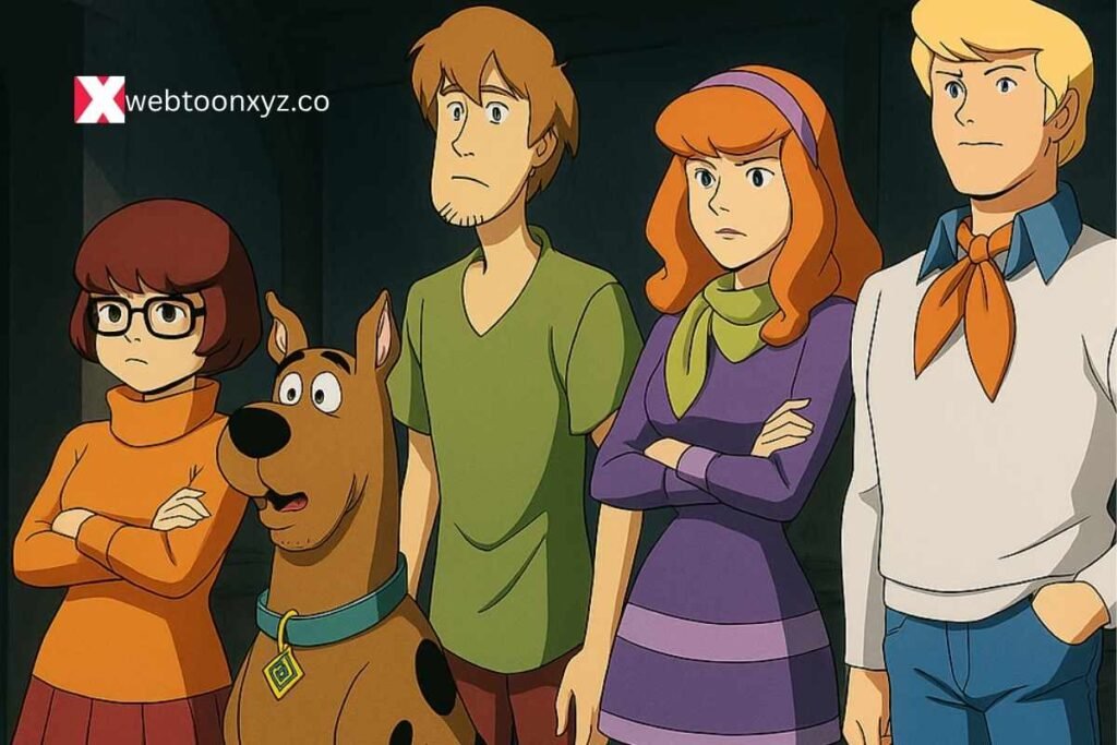Scooby Doo gang standing together with serious expressions.