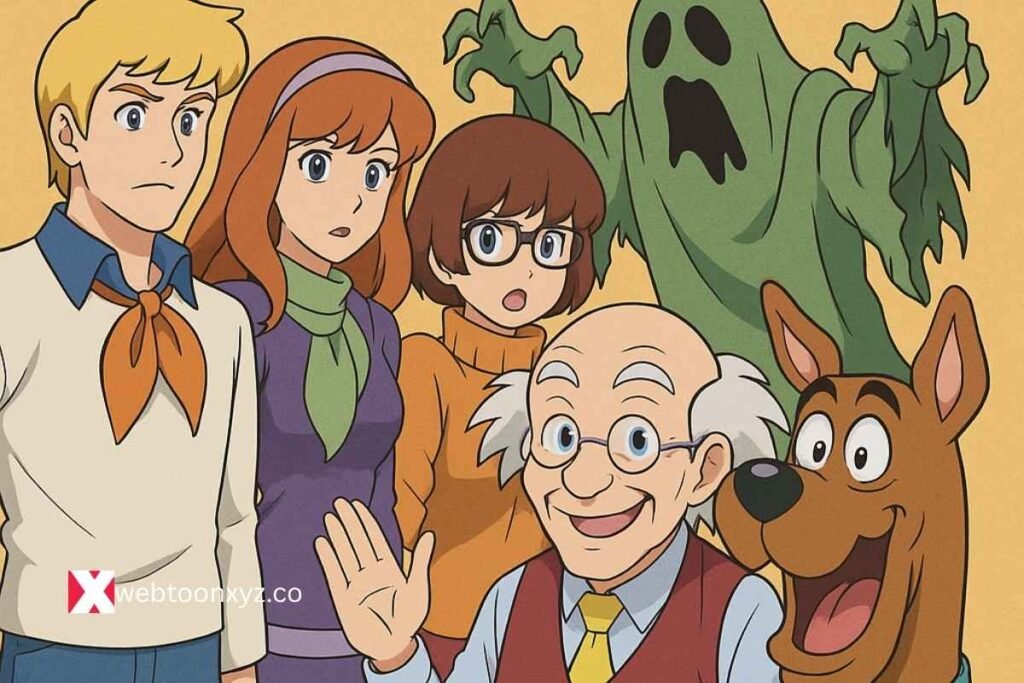 Scooby Doo gang with ghost and smiling old man.