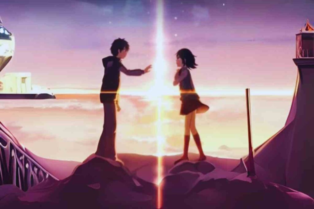Two webtoon characters face each other with a light beam between them.