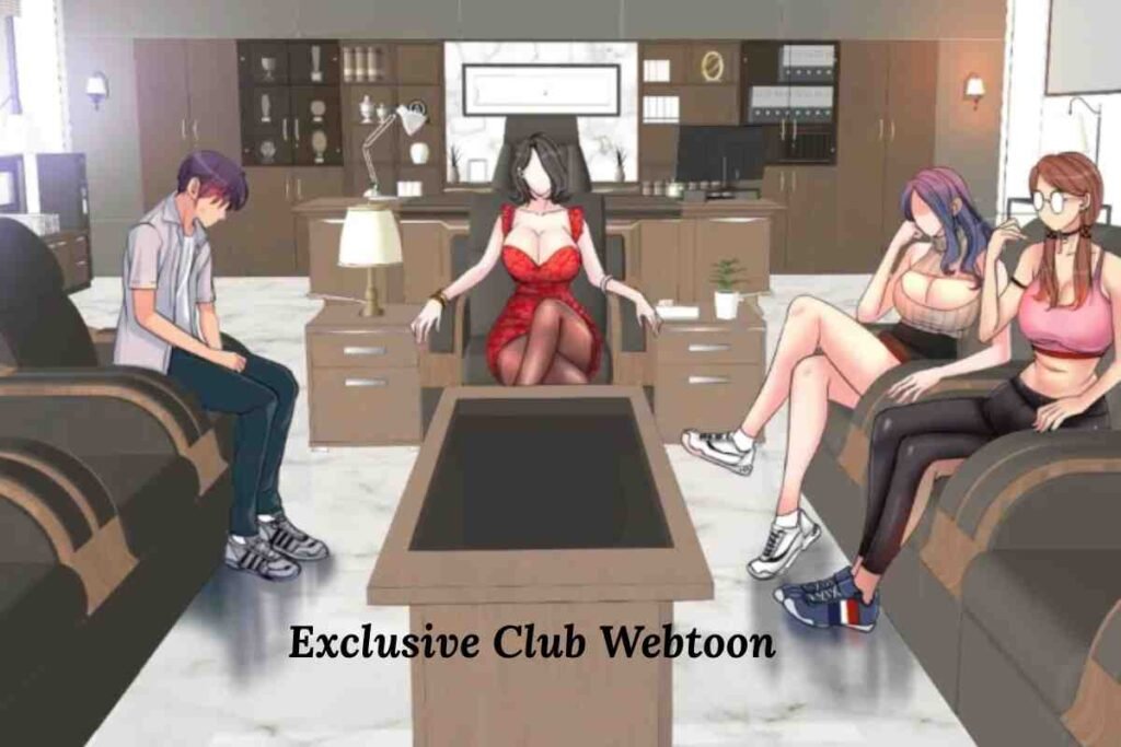 Exclusive Club Webtoon office scene with characters in modern workspace