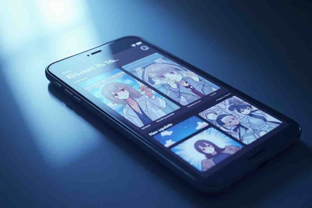 Smartphone displaying Webtoon CYZ app with manga thumbnails in blue light