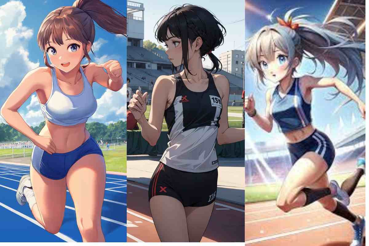 Anime girl athletes runners on track,