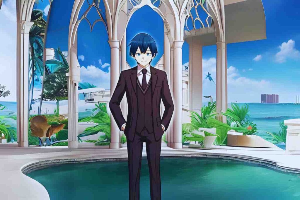 Na Kang Lim webtoon character in elegant suit by luxury oceanfront setting