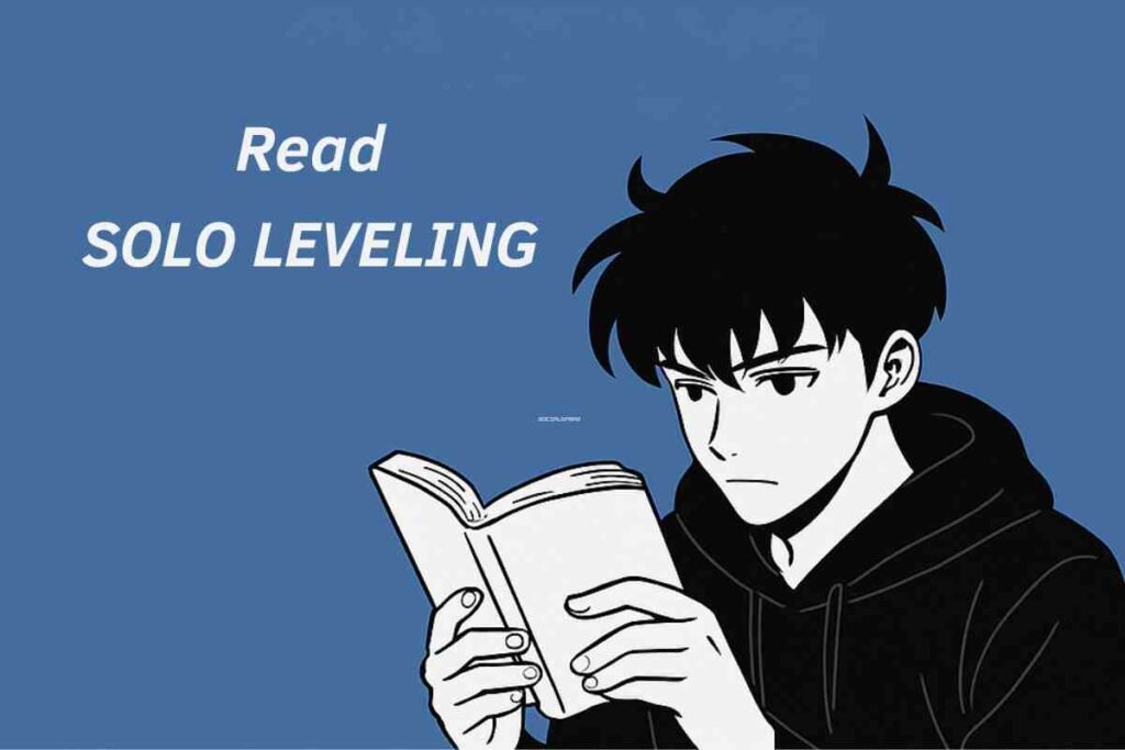 Monochrome anime illustration of a young man reading a book titled "Solo Leveling." Find out where to read Solo Leveling