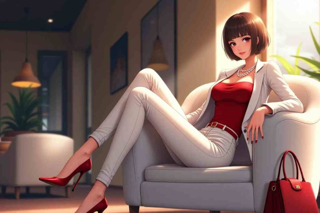 Stylish anime woman in a red and white outfit lounging in a modern café.