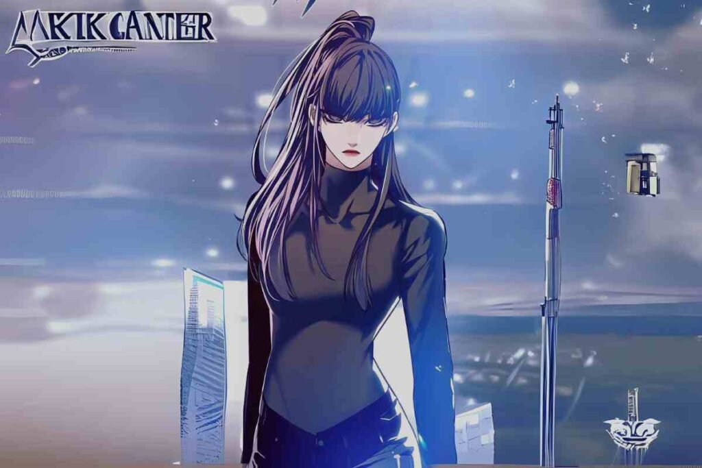 Female character from Eleceed Chapter 308 in a futuristic cityscape background