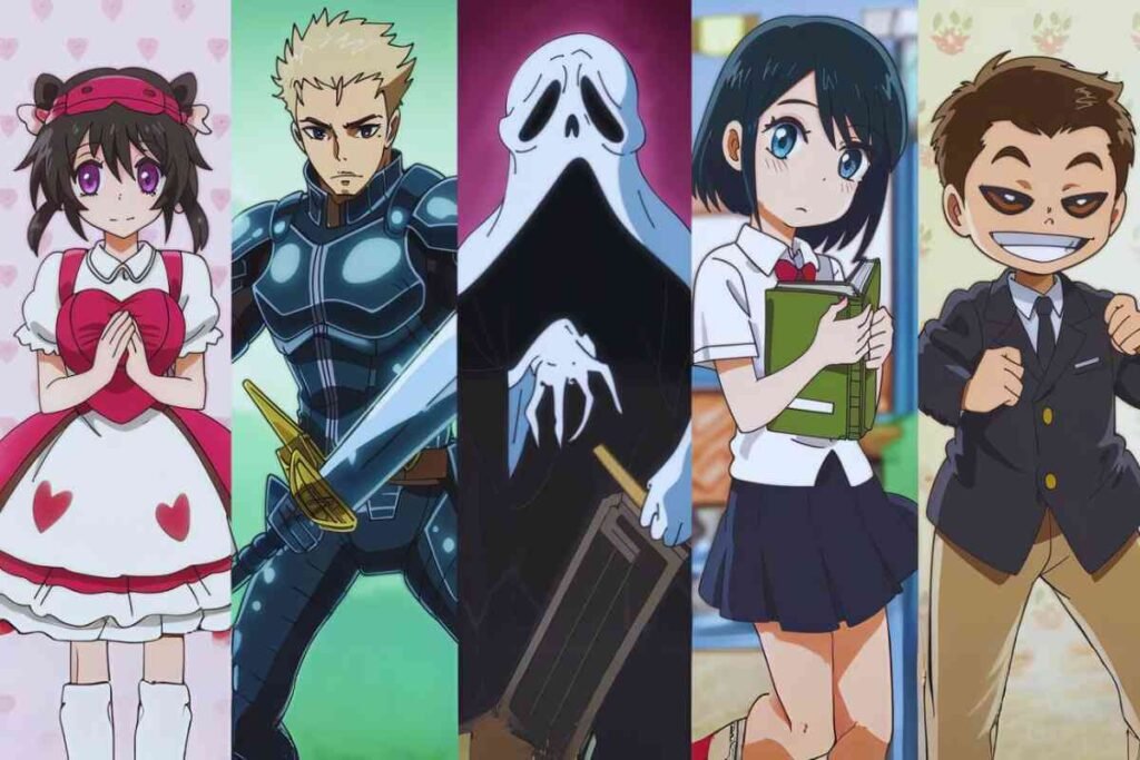 Five diverse anime-style characters in a colorful panel.