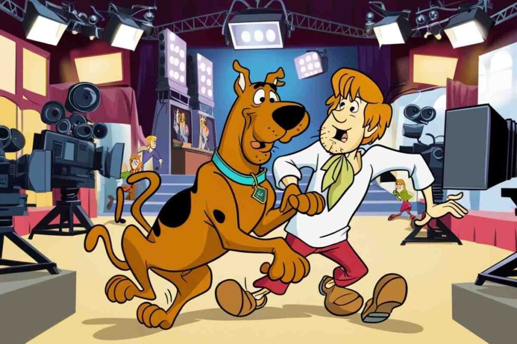 Scooby Doo and Shaggy performing on TV studio set with cameras and lights