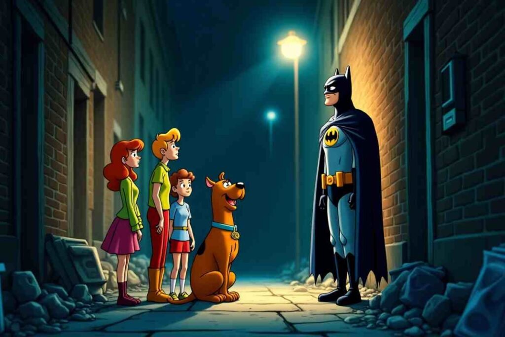 Scooby Doo meets Batman as mystery unfolds at a haunted carnival under moonlight.