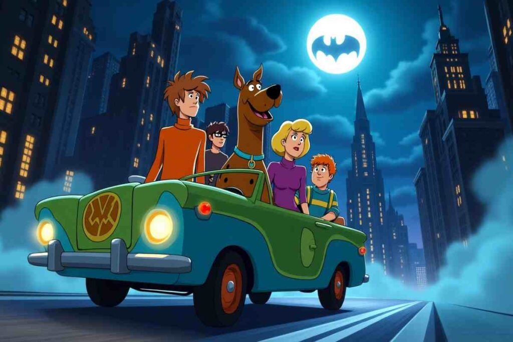 Scooby Doo meets Batman as the gang drives through Gotham under the Bat-Signal.