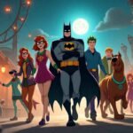 Scooby Doo meets Batman with the gang in a spooky carnival under a full moon.