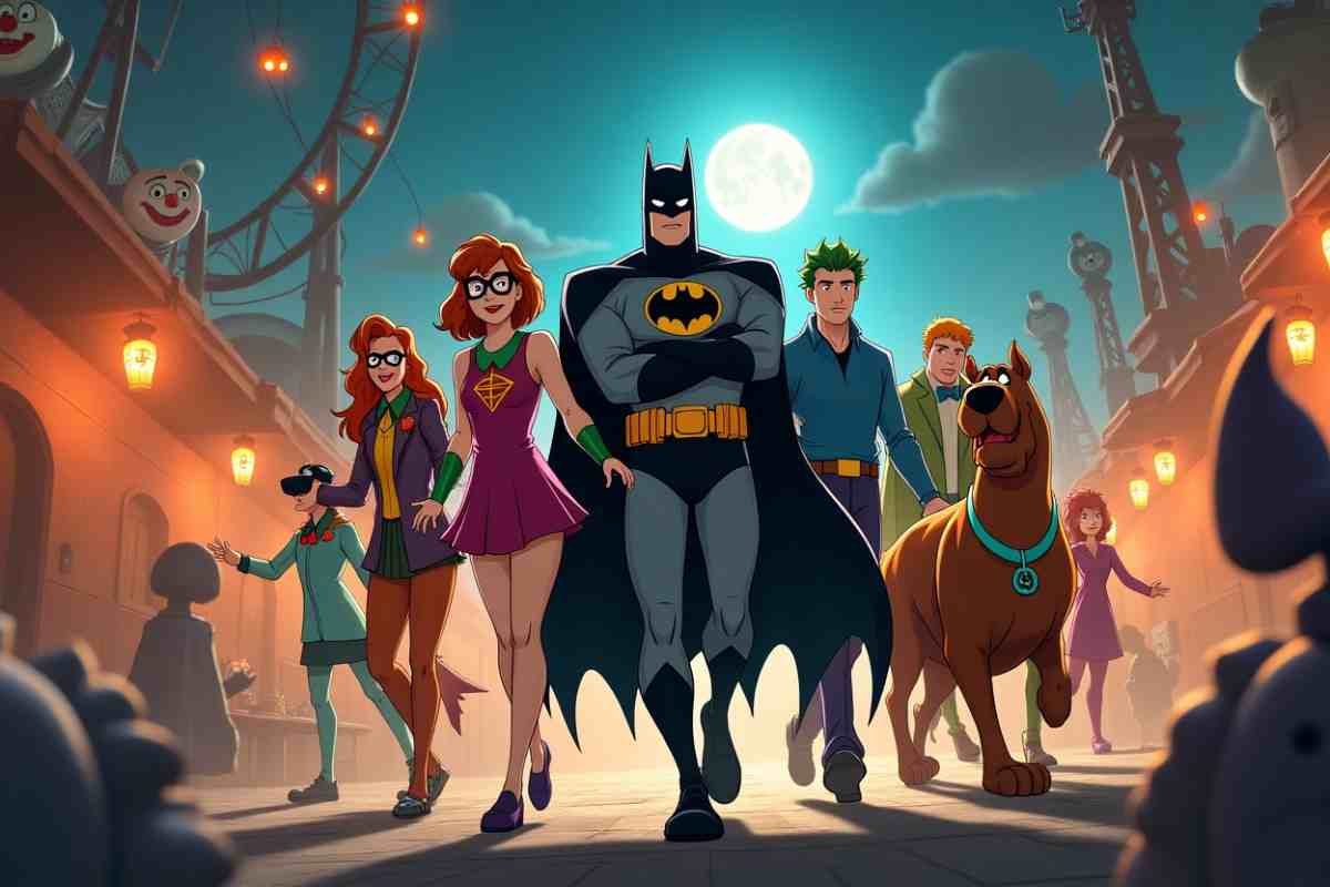 Scooby Doo meets Batman with the gang in a spooky carnival under a full moon.
