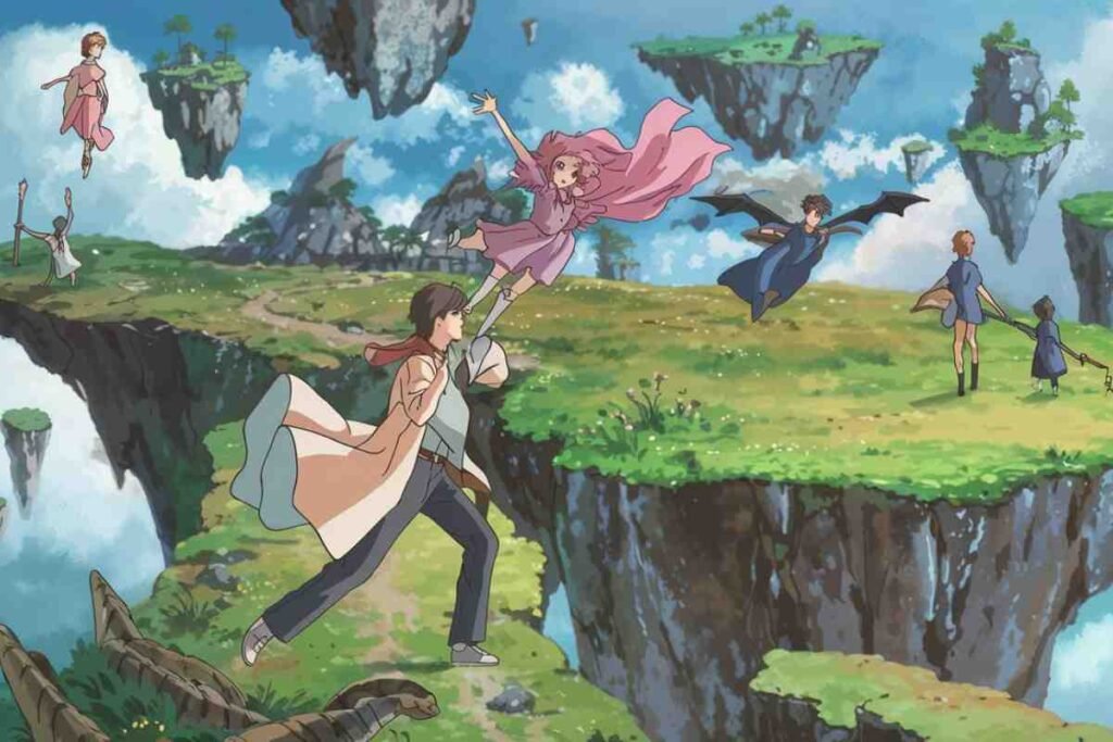 Floating islands and figures in a whimsical, windy landscape.