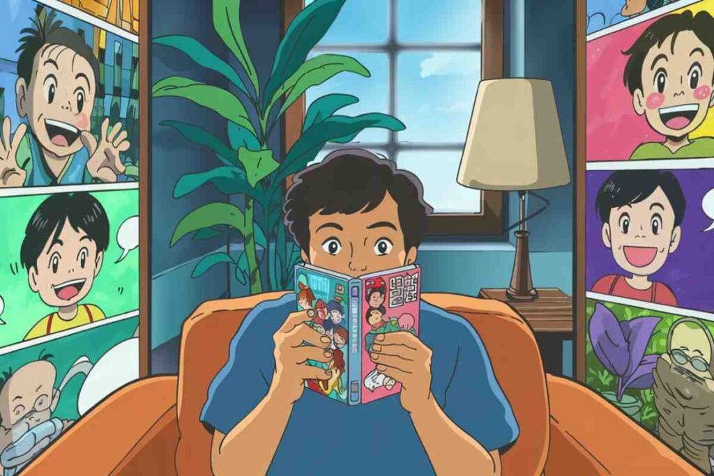 Person reading colorful comics indoors, discovering free WebtoonXYZ stories.