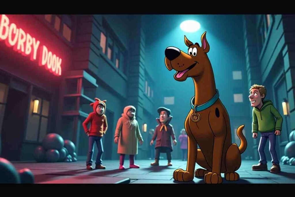 Scooby Doo Unmasked in a neon lit city with curious kids around him